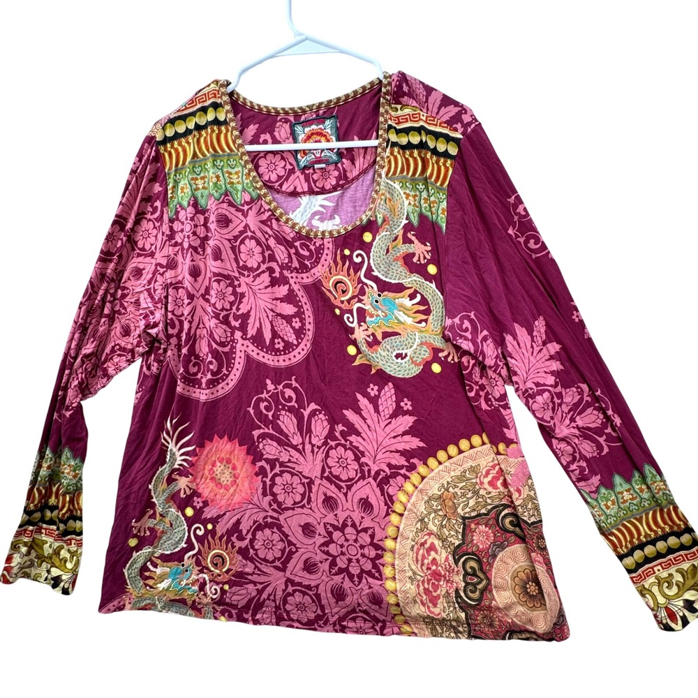 Johnny Was Top Women XL Plum Dragon Floral Bamboo Boho Long Sleeve R14020B-0